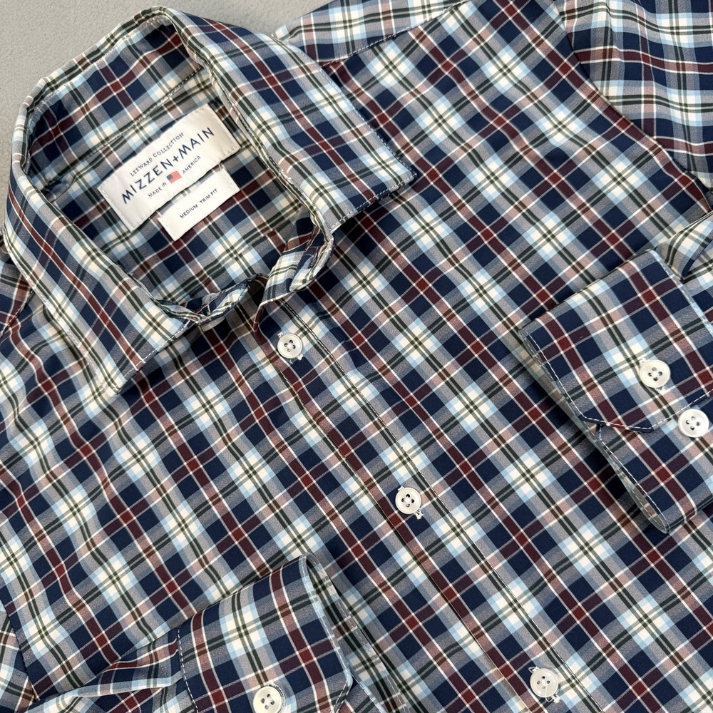 Mizzen+Main Leeward Dress Shirt Mens Medium Blue Plaid Trim Fit Stretch USA